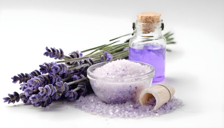 Spa still life with lavender flowers and bath salt, on white backgroundの素材