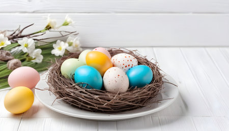 table decoration with easter eggs nest on plate, on white wooden backgroundの素材