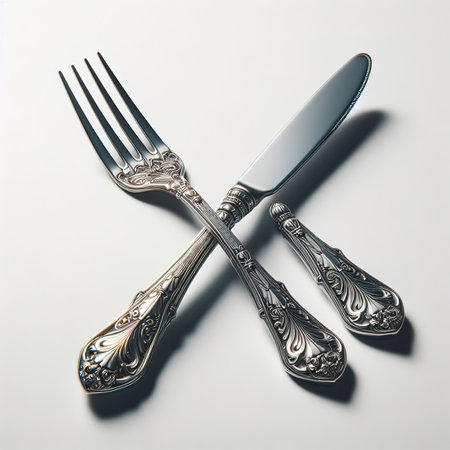 The metal shiny fork and knife on a white backgroundの素材