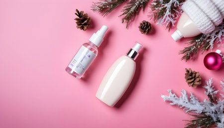 Winter cosmetic, skin care product. Cream, serum, tonic with winter decorationsの素材