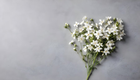 White small flowers on a gray concrete background, minimal concept, blank for greeting cards for different holidaysの素材