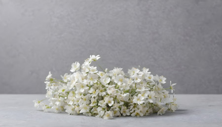 White small flowers on a gray concrete background, minimal concept, blank for greeting cards for different holidaysの素材