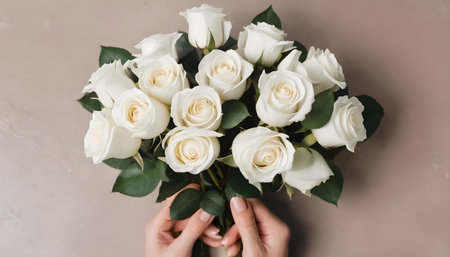 top view of hands holding white roses for bouquetの素材