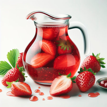 sweet cooked strawberry syrup in a glass decanter isolated on white backgroundの素材