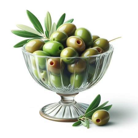 Virgin olive with green olives in crystal bowl isolated on white backgroundの素材