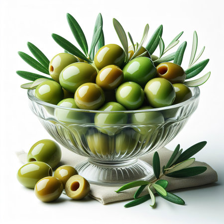 Virgin olive with green olives in crystal bowl isolated on white backgroundの素材