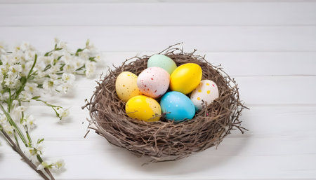 table decoration with easter eggs nest on plate, on white wooden backgroundの素材
