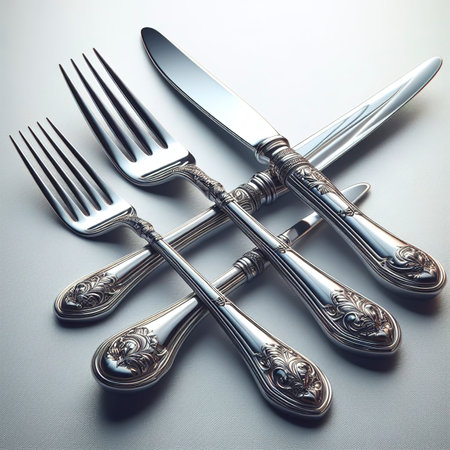 The metal shiny fork and knife on a white backgroundの素材