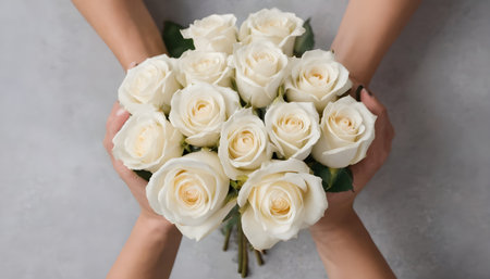 top view of hands holding white roses for bouquetの素材