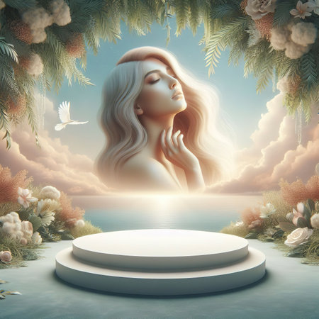 Natural beauty podium backdrop for product display with dreamy sky backgroundの素材