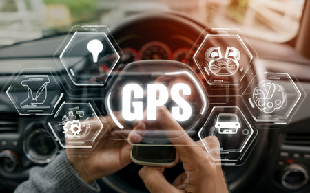 GPS, Global Positioning System, Person hand using smart phone on car with Global Positioning System icon on virtual screen.の素材