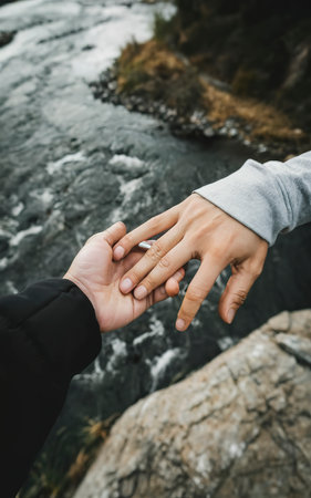 One hand grabbing another hand with a river as the background using a rubber ring love conceptの素材