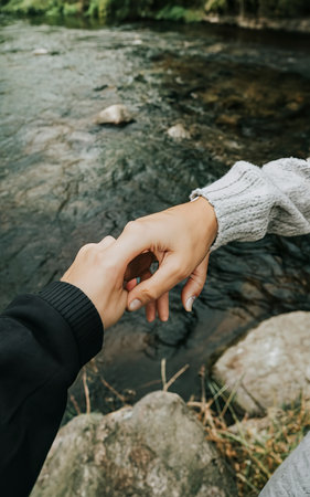 One hand grabbing another hand with a river as the background using a rubber ring love conceptの素材