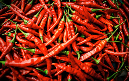 Red chili peppers on the marketの素材