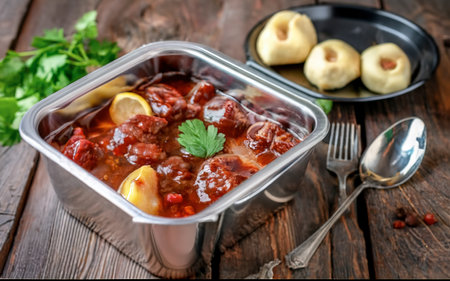 Savory and delicious deer venison goulash stew packed in portable take away plastic boxの素材