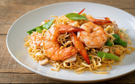 Stir fried noodles with prawn and shrimp in plate or Pad Thaiの素材