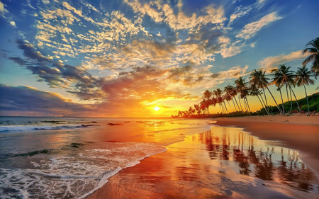 Sunset on the seacoast with silhouettes of palm treesの素材