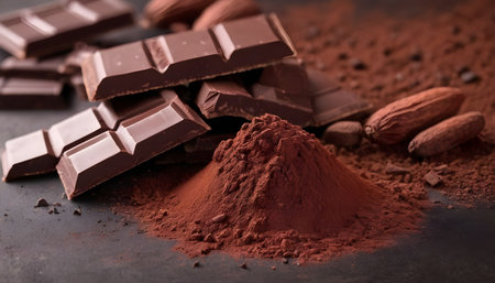 Aromatic cocoa, powder and Dark chocolate backgroundの素材