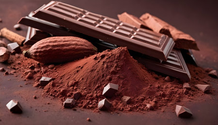 Aromatic cocoa, powder and Dark chocolate backgroundの素材