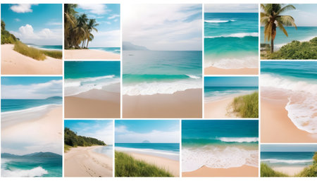 Beatiful sea coast view collage with sand, ocean and waves. Idellyc paradise place pictures set with holiday tropical vibesの素材