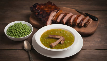cooked pea soup with ribs smoked in a plate on a wooden tableの素材