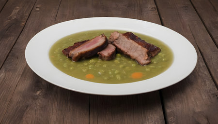 cooked pea soup with ribs smoked in a plate on a wooden tableの素材