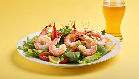 Grilled shrimps and fresh vegetable salad and eggの素材