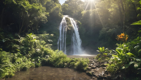 Massive waterfall in the middle of the forest filled with exotic plants during a sunny day, with copy spaceの素材