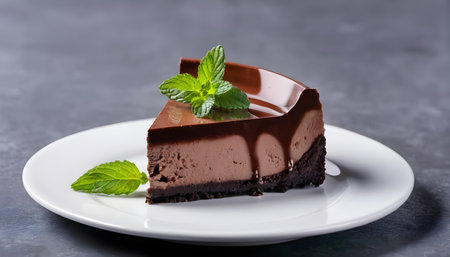 Piece of chocolate cheesecake decorated mint on plateの素材