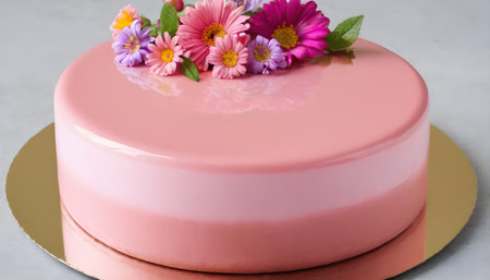 Pink mousse cake with mirror glaze decorated with flowersの素材