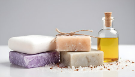 Spa still life with handmade soaps, Sea Salt and oil, on white backgroundの素材