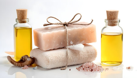 Spa still life with handmade soaps, Sea Salt and oil, on white backgroundの素材