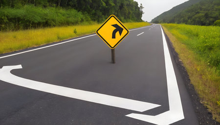 The new symbol reflective yellow right turn sign has a black arrow inside the frame located on the side of the country roadの素材