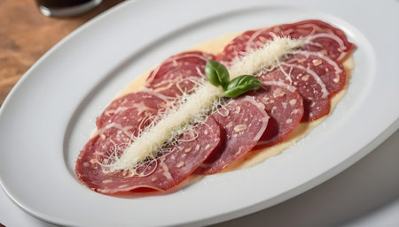 Veal carpaccio with parmesan cheese on white plateの素材