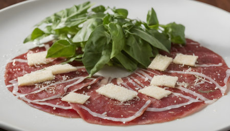 Veal carpaccio with parmesan cheese on white plateの素材