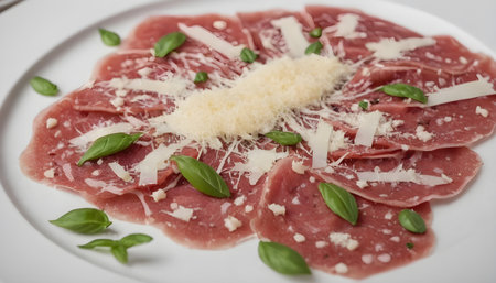 Veal carpaccio with parmesan cheese on white plateの素材