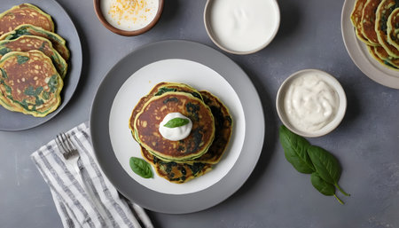 Zucchini pancakes with spinach, hepbs and parmesan cheese, served with sour cream or yogurtの素材