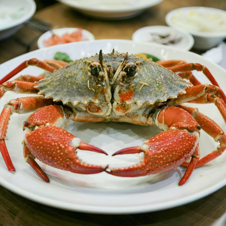 Close-up steamed crabs in dishの素材