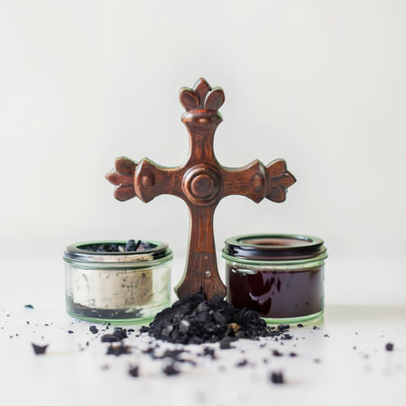 Cremation, funeral, liturgy, religious ceremony concept. Ashes cross on white backgroundの素材