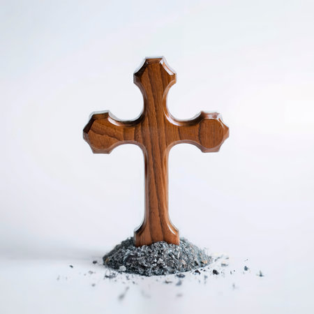 Cremation, funeral, liturgy, religious ceremony concept. Ashes cross on white backgroundの素材