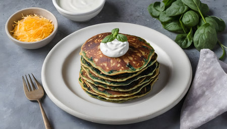 Zucchini pancakes with spinach, hepbs and parmesan cheese, served with sour cream or yogurtの素材