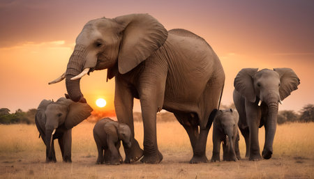 African Elephant Family of Five at Sunsetの素材