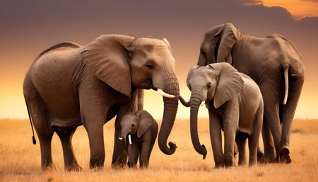 African Elephant Family of Five at Sunsetの素材