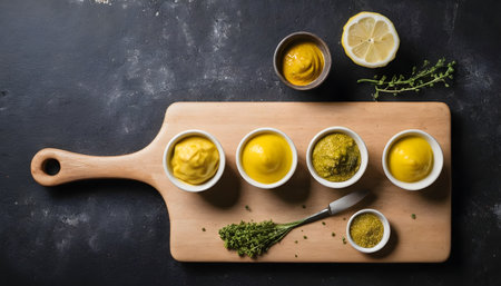 Assortment of different types of mustard with lemon on a cutting Boardの素材