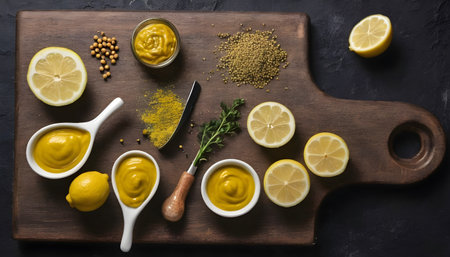 Assortment of different types of mustard with lemon on a cutting Boardの素材