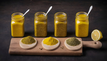 Assortment of different types of mustard with lemon on a cutting Boardの素材