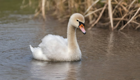 Baby mute swan, cygnus olor walking out of the waterlakeの素材