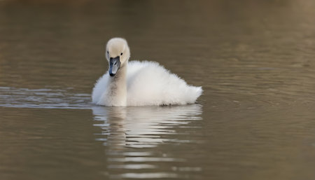 Baby mute swan, cygnus olor walking out of the waterlakeの素材