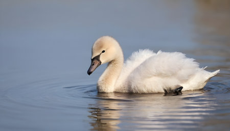 Baby mute swan, cygnus olor walking out of the waterlakeの素材