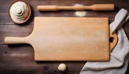 Baking background. Rolling pin for dough on the cutting board. On a rustic backgroundの素材